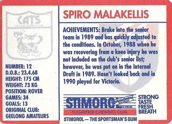 1991 Scanlens Stimorol #107 Spiro Malakellis Back
